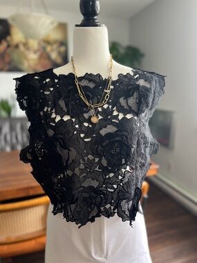 Sheer Floral Lace Crop Top - Black